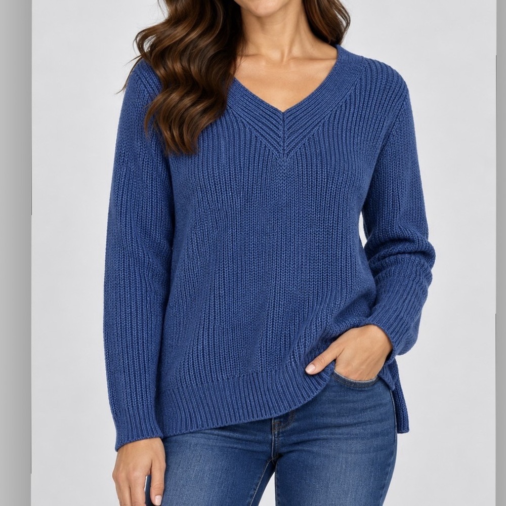 LL Bean Blue V Neck Shaker Stitch Hi Low Pullover Cotton Sweater Size XL Casual